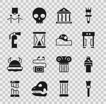 Set Paint brush, Gives lecture, Metal detector, Museum building, Old hourglass with sand, Fire extinguisher, Picture rope barrier and Human skull icon. Vector