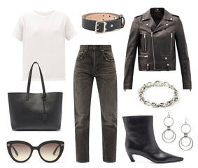 A set of fashionable clothes and accessories on a white background