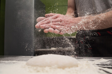 Hands in flour. Hand-made dough for homemade bread, pizza, pasta recipe