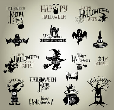 Set of Calligraphic Designs VIntage Vector silhouettes, inscriptions, titles for Halloween party banner or invitation