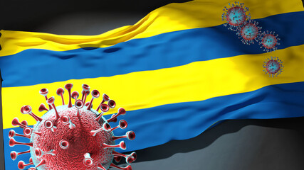 Covid in Franeker - coronavirus attacking a city flag of Franeker as a symbol of a fight and struggle with the virus pandemic in this city, 3d illustration