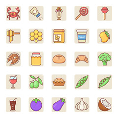 Filled color outline icons for food.