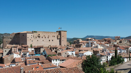 Aerial view of Mora de Rubielos, the castle and the city around it. Teruel, Aragon, Spain