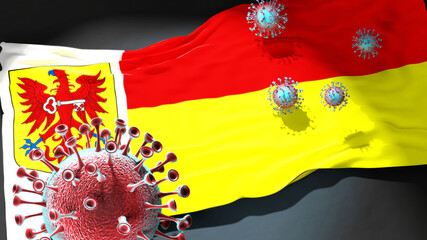 Covid in Apeldoorn - coronavirus attacking a city flag of Apeldoorn as a symbol of a fight and struggle with the virus pandemic in this city, 3d illustration