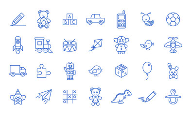 Set toys icons on white background. Line style vector illustration.