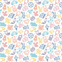 Seamless pattern of kids toys. Baby background, vector illustration.