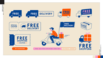 Set of free delivery, free shipping icons. Truck, scooter, parcel, and coupon illustration in cartoon style.