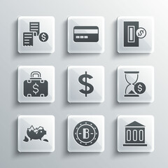Set Bitcoin, Bank building, Hourglass with dollar, Dollar symbol, Broken piggy bank, Briefcase and money, Paper or financial check and Inserting icon. Vector