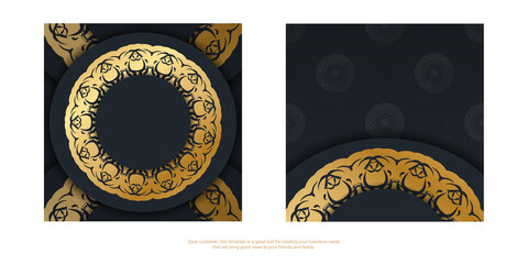 Template Postcard in black color with luxurious gold pattern prepared for printing.