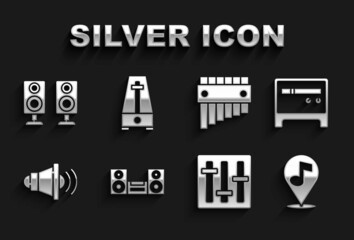 Set Home stereo, Guitar amplifier, Location musical note, Sound mixer controller, Speaker volume, Pan flute, Stereo speaker and Metronome with pendulum icon. Vector