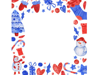 Cute cartoon childish hand drawn watercolor Christmas New year border frame with snowman, mittens, lollipop. stars, snowflake in blue red colors