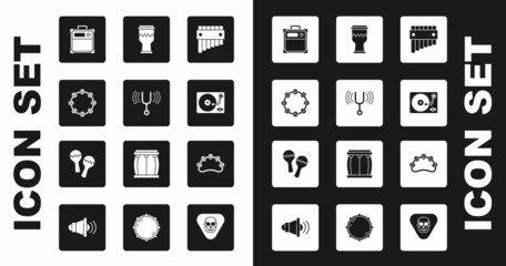 Set Pan flute, Musical tuning fork, Tambourine, Guitar amplifier, Vinyl player with vinyl disk, Drum, and Maracas icon. Vector © Kostiantyn