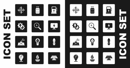 Set Electric car charging station, Lightning bolt, Leaf plant gear machine, Wind turbine, Propane gas tank, bulb and Power factory icon. Vector