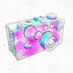 Stylised watercolour sketch of a camera in pastel tones. - 459080472