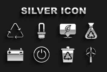 Set Power button, Garbage bag with recycle, Wind turbine, Recycle, Car battery, Location leaf, symbol and LED light bulb icon. Vector
