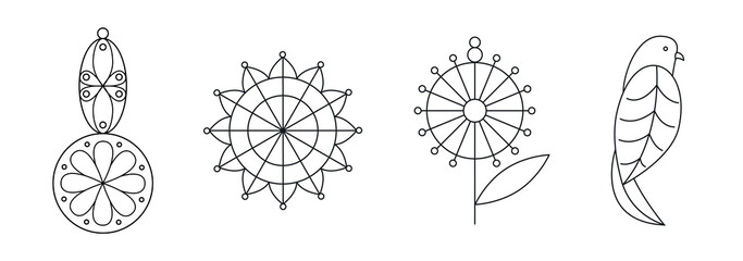 A set of graphic elements in a linear style for the design of invitations, cards, templates on a white background.