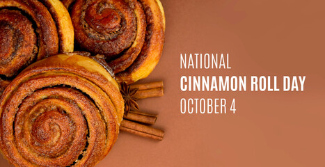 National Cinnamon Roll Day stock images. Sweet pastry cinnamon rolls with spices on a brown background stock images. Cinnamon Roll Day Poster, October 4. Important day