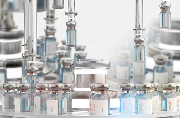 Coronavirus Covid-19 vaccine. Vaccination bottles. Production logisitcs or science 3d-illustration