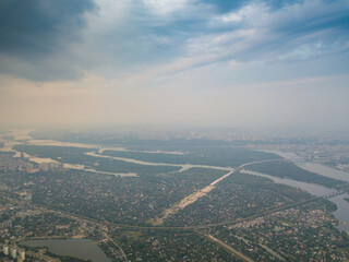 Sunset over Kiev. Cloudy evening. Aerial drone view.