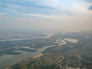 Sunset over Kiev. Cloudy evening. Aerial drone view.