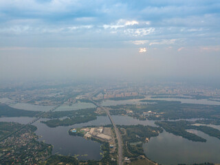 Sunset over Kiev. Cloudy evening. Aerial drone view.