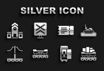 Set Cargo train wagon, Plate with food, Toilet the car, Railway, Train ticket, station and Railroad crossing icon. Vector