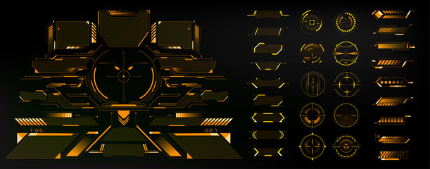 Big Collection yellow hi-tech elements, HUD, interface for GUI, UI, UX design. Futuristic Sci-Fi user Interface. Dashboard display. Callouts titles. Vector - obrazy, fototapety, plakaty