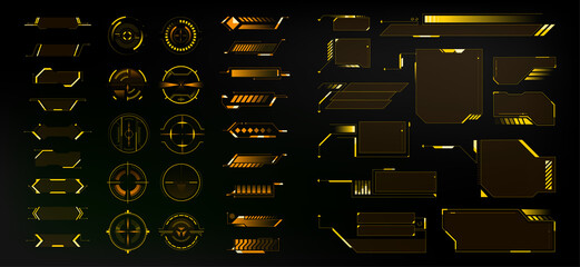 Big Collection yellow hi-tech elements, HUD, interface for GUI, UI, UX design. Futuristic Sci-Fi user Interface. Dashboard display. Callouts titles. Vector