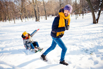 Fototapeta na wymiar Full size photo of happy funky funny smiling family father and daughter having fun outside winter vacation holiday