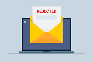 Reject letter with open document on laptop screen. Negative answer in college, university or at work. Vector