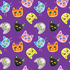 Seamless pattern of multicolored faces of cats drawn with wax crayons. For fabric, sketchbook, wallpaper, wrapping paper.