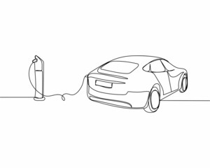 Continuous one line drawing of electric car plug in electric vehicle charging in silhouette on a white background. Linear stylized.Minimalist.