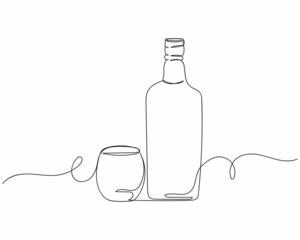 Continuous one line drawing of scotch whisky of bottle and glasses in silhouette on a white background. Linear stylized.