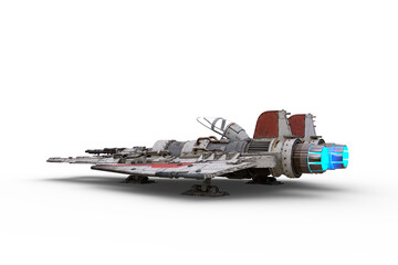 Rear perspective 3D rendering of a science fiction fantasy fighter jet powered space ship parked on the ground isolated on a white background.
