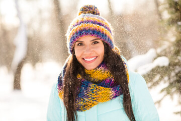 Photo of young attractive woman happy positive smile cheerful good mood pretty fly air snow winter...