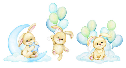 Obraz na płótnie Canvas Cute bunnies, clouds, moon, balloons, watercolor set, cliparts, on an isolated background, in gentle blue colors.