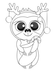 Christmas baby sloth colouring book page. Vector illustration.