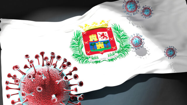 Covid in Las Palmas de Gran Canaria - coronavirus attacking a city flag of Las Palmas de Gran Canaria as a symbol of a fight and struggle with the virus pandemic in this city, 3d illustration