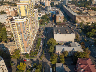 Naklejka premium Houses in the business area of Kiev. Summer sunny day. Aerial drone view.