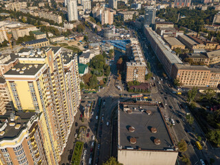 Fototapeta na wymiar Houses in the business area of Kiev. Summer sunny day. Aerial drone view.
