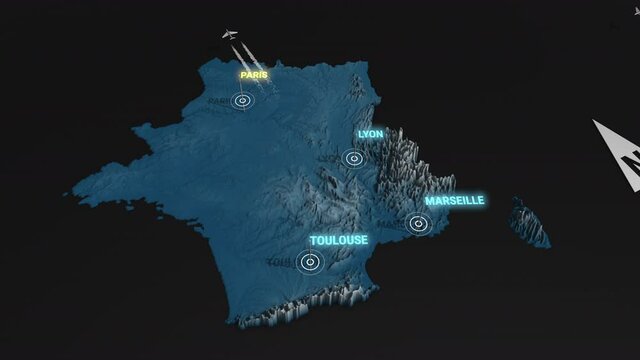 Seamless looping animation of the 3d terrain map at nighttime of France with the capital and the biggest cites in 4K resolution