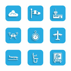 Set Barometer, Airplane seat, Radar with targets on monitor, Plane, Drone flying, Airport control tower and Cloud weather icon. Vector