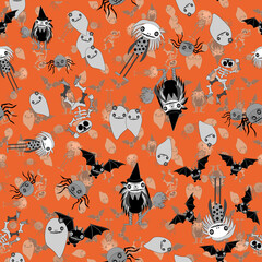 Orange Halloween cute monster Family pattern vector 