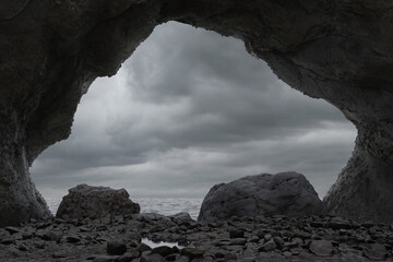 3d rendering of cliff cave with the view to dramatic sky