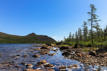 Mechta (Dream) Lake on a clear summer day, Magadan region. It is located about 200 meters higher...