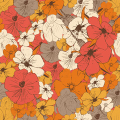 Hand drawn retro flowers vector seamless repeat pattern print background