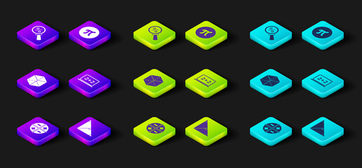 Set XYZ Coordinate system, Angle bisector of triangle, Geometric figure Cube, Chalkboard, Pi symbol and Magnifying glass with percent icon. Vector