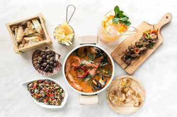mixed spanish gourmet tapas sharing set selection on restaurant table