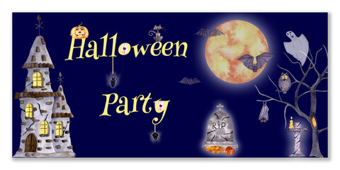 Watercolor Halloween banner with a message. Banner with an old castle and a big moon, with ghosts and pavucks. Halloween lettering.