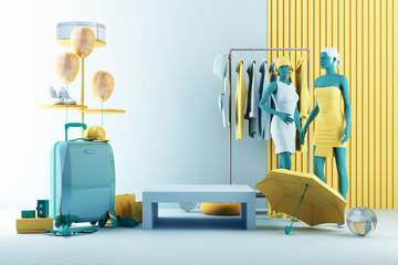 Summer shopping with luggage surrounded by umbrellas, shoes and cameras along with airplane models and clothes on hanger mannequin trendy background yellow and green color with product stand 3d render